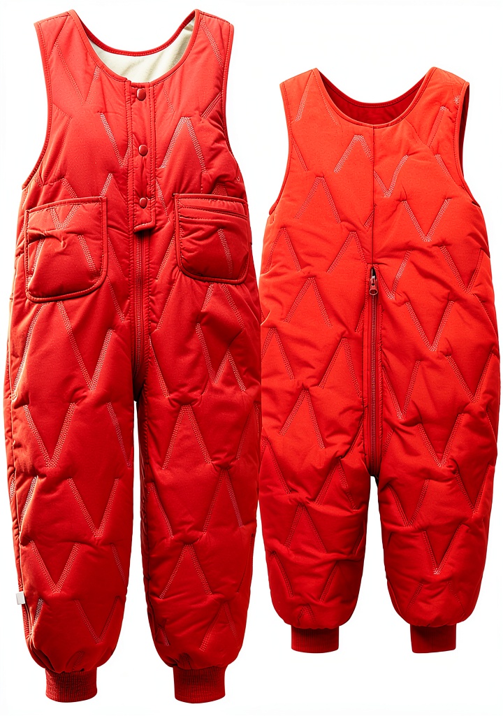 Baby wearing snow bib overalls in a snowy outdoor setting